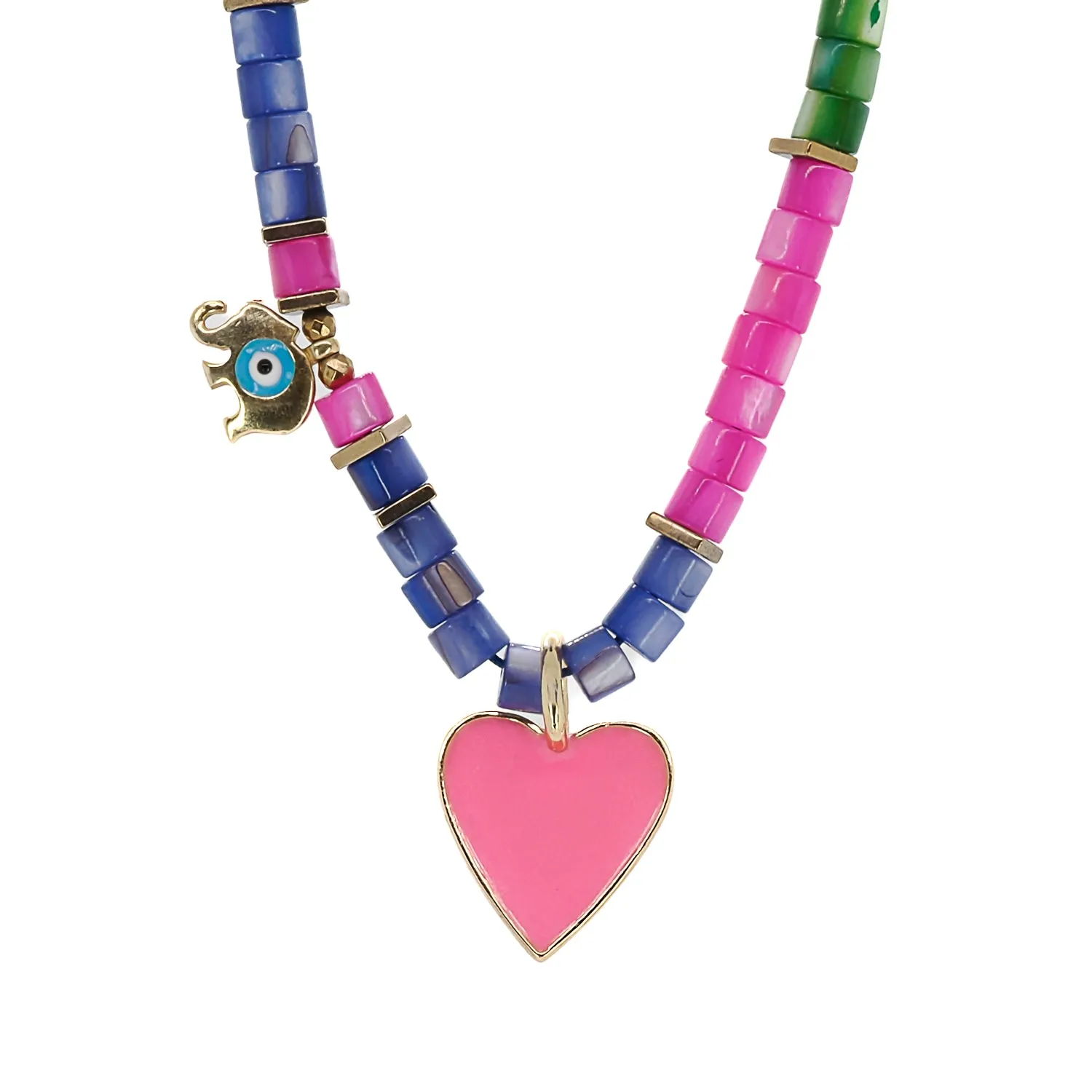 Pink Heart & Elephant Colorful Beaded Necklace
