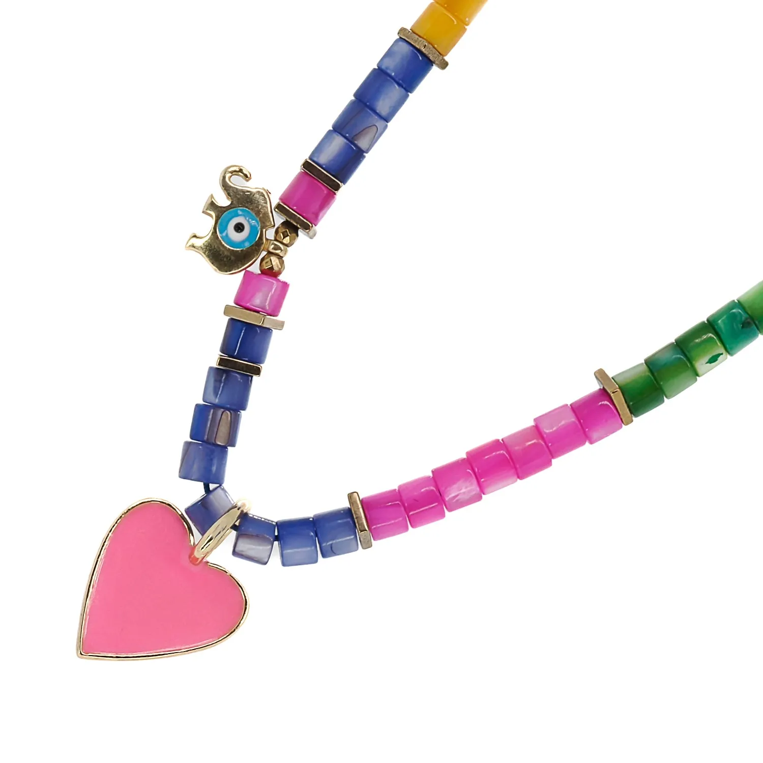Pink Heart & Elephant Colorful Beaded Necklace