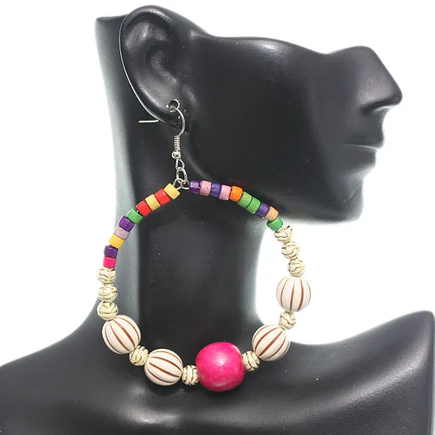 Pink Wooden Beaded Coil Hoop Earrings