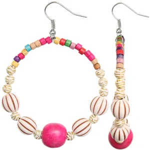 Pink Wooden Beaded Coil Hoop Earrings