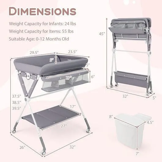 Portable Baby Changing Table with 3-Level Adjustable Height-Gray - Color: Gray