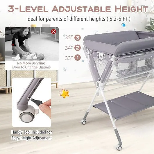 Portable Baby Changing Table with 3-Level Adjustable Height-Gray - Color: Gray