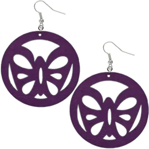 Purple Round Large Wooden Butterfly Earrings