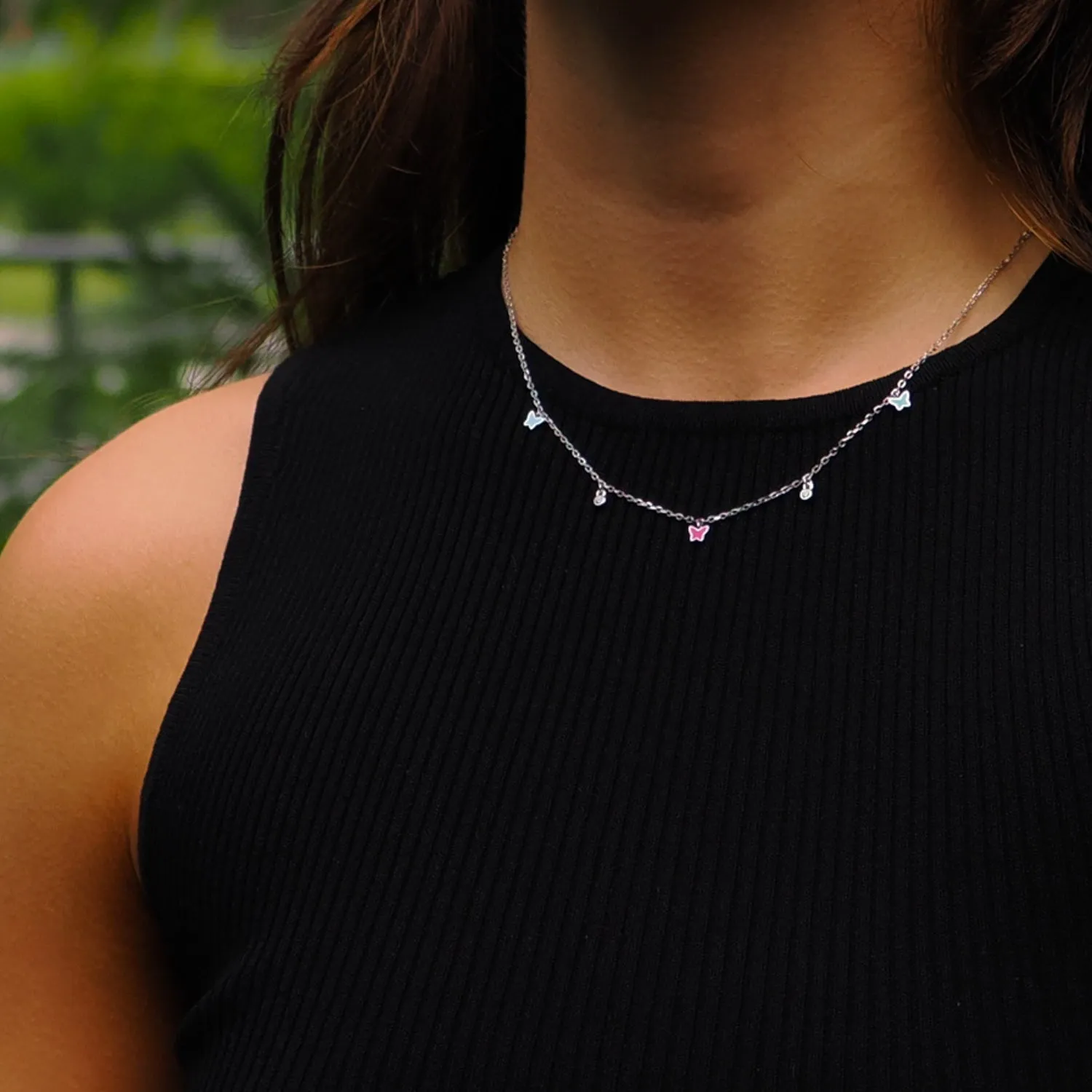 Rainbow Butterfly Sterling Silver & Diamond Choker Necklace