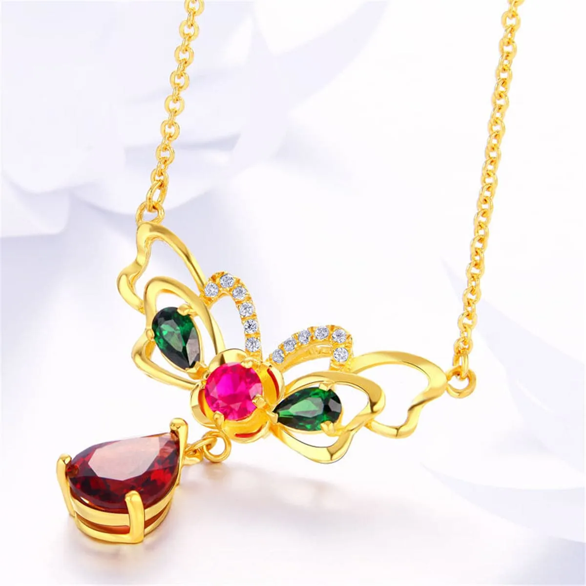 Red Crystal & Cubic Zirconia Butterfly Pendant Necklace