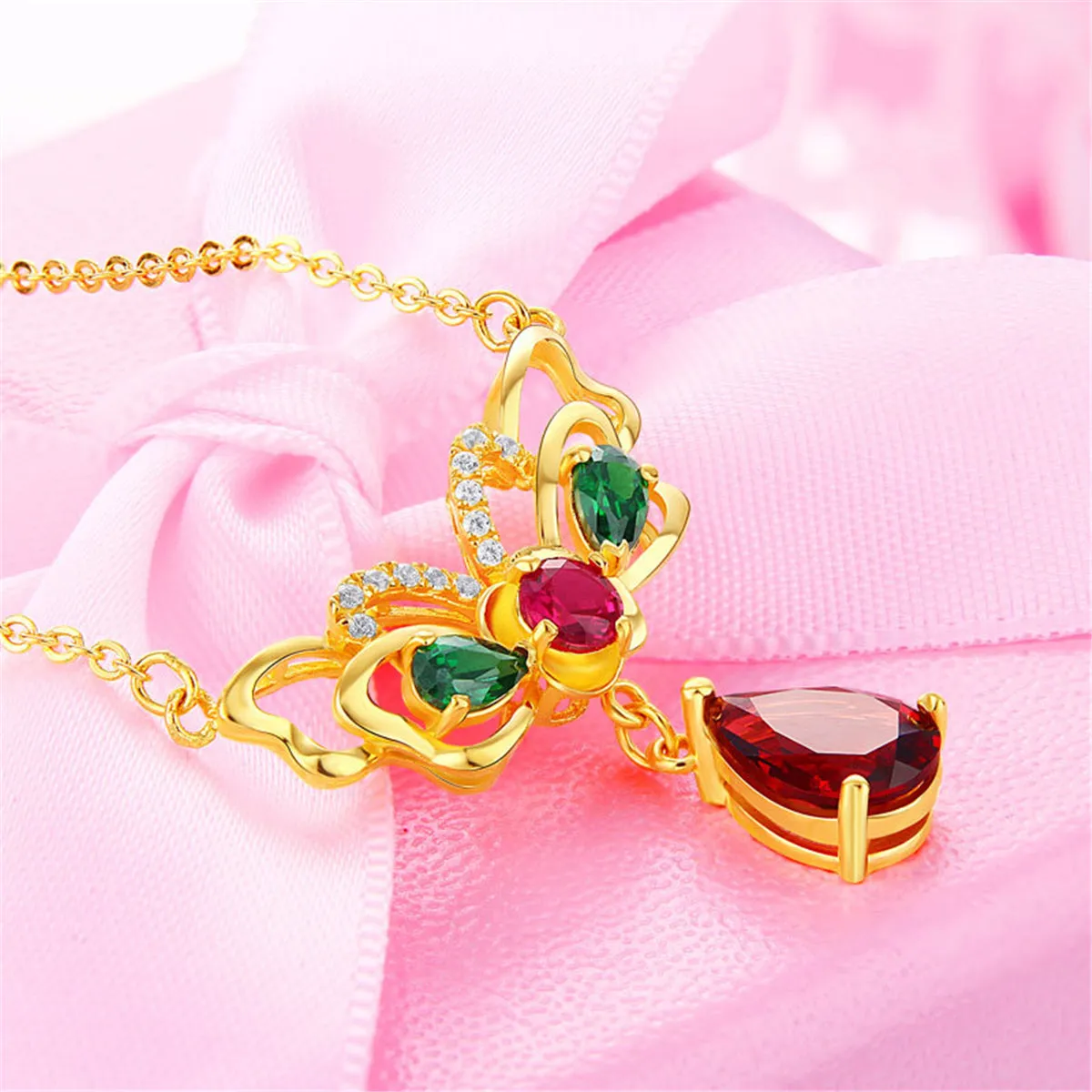 Red Crystal & Cubic Zirconia Butterfly Pendant Necklace