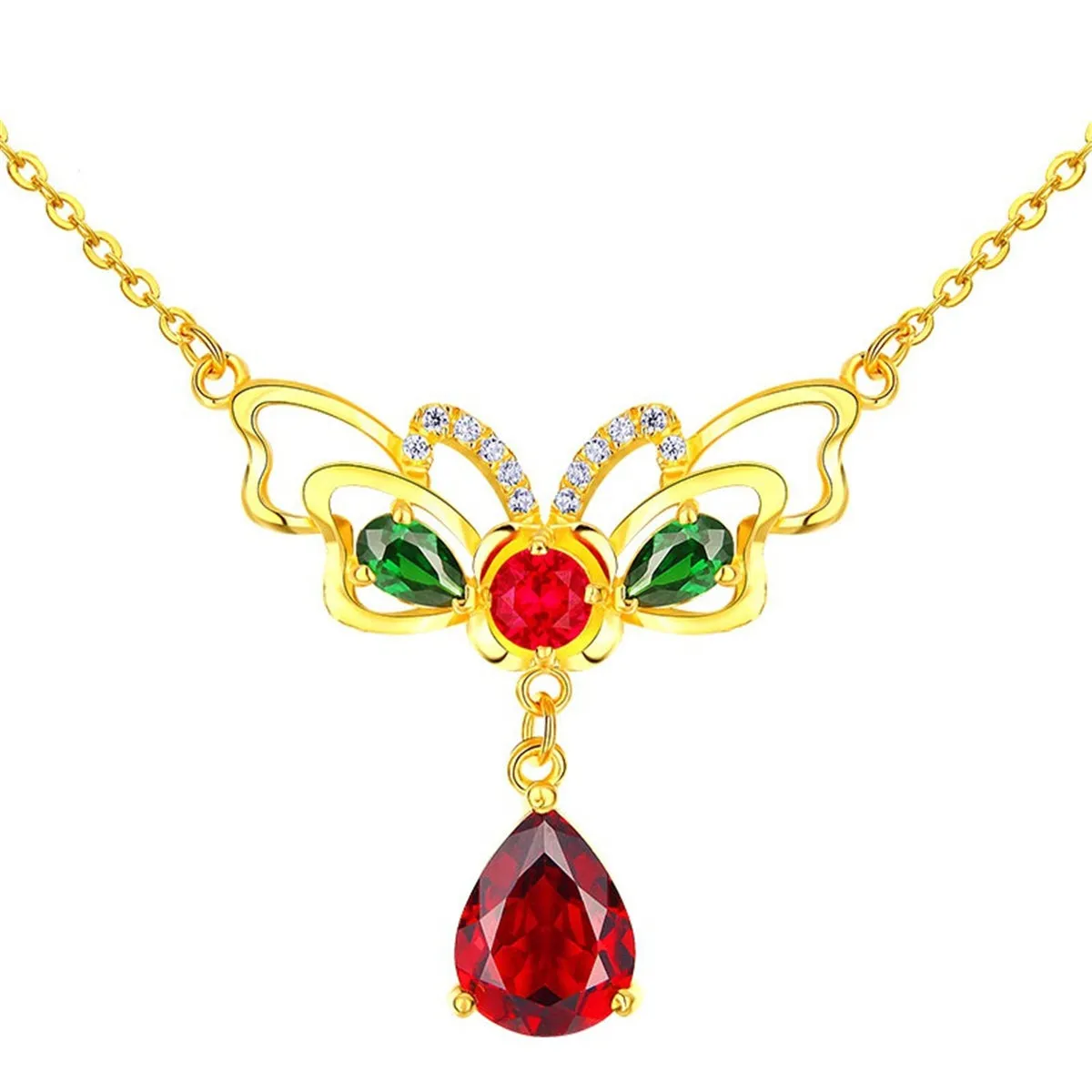 Red Crystal & Cubic Zirconia Butterfly Pendant Necklace