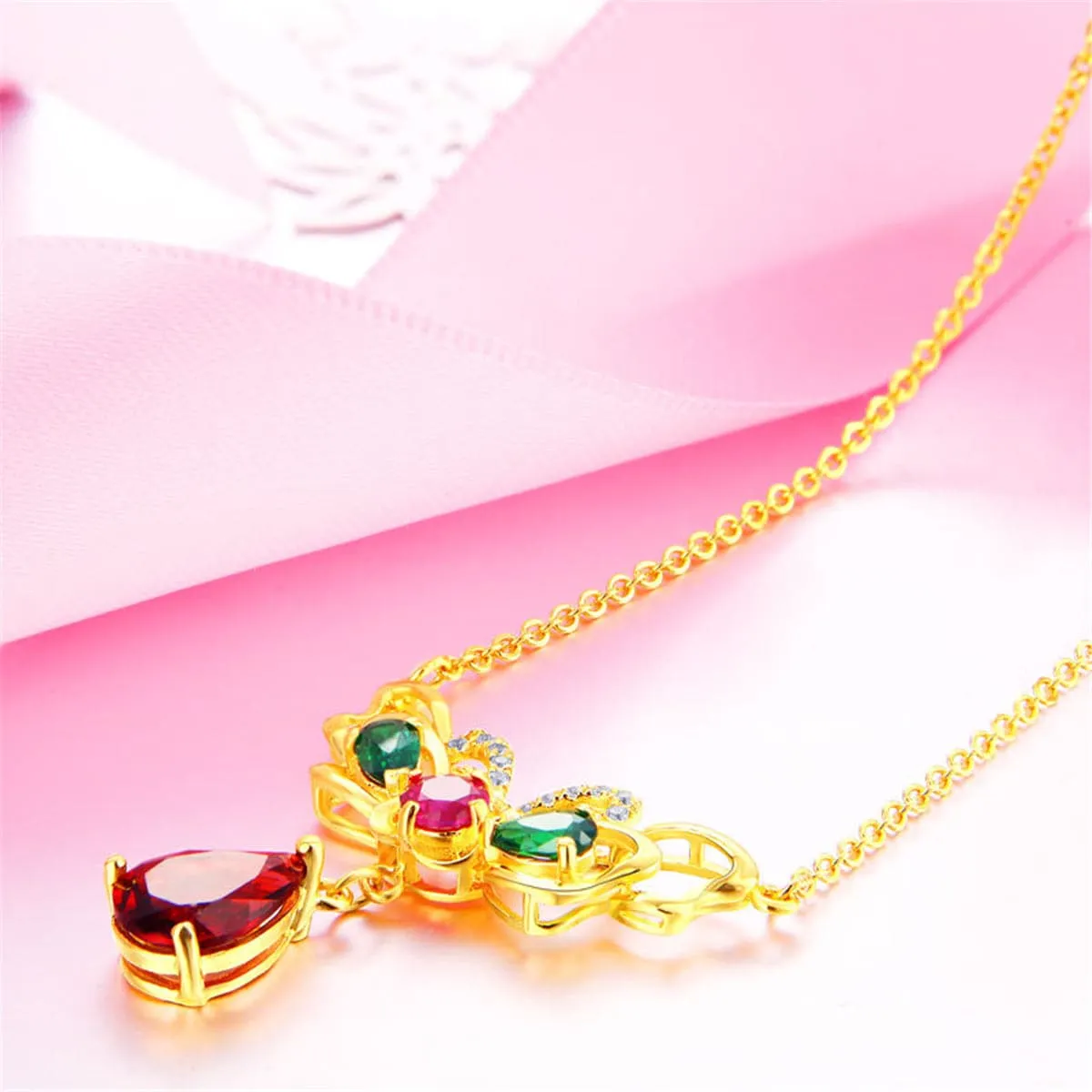 Red Crystal & Cubic Zirconia Butterfly Pendant Necklace