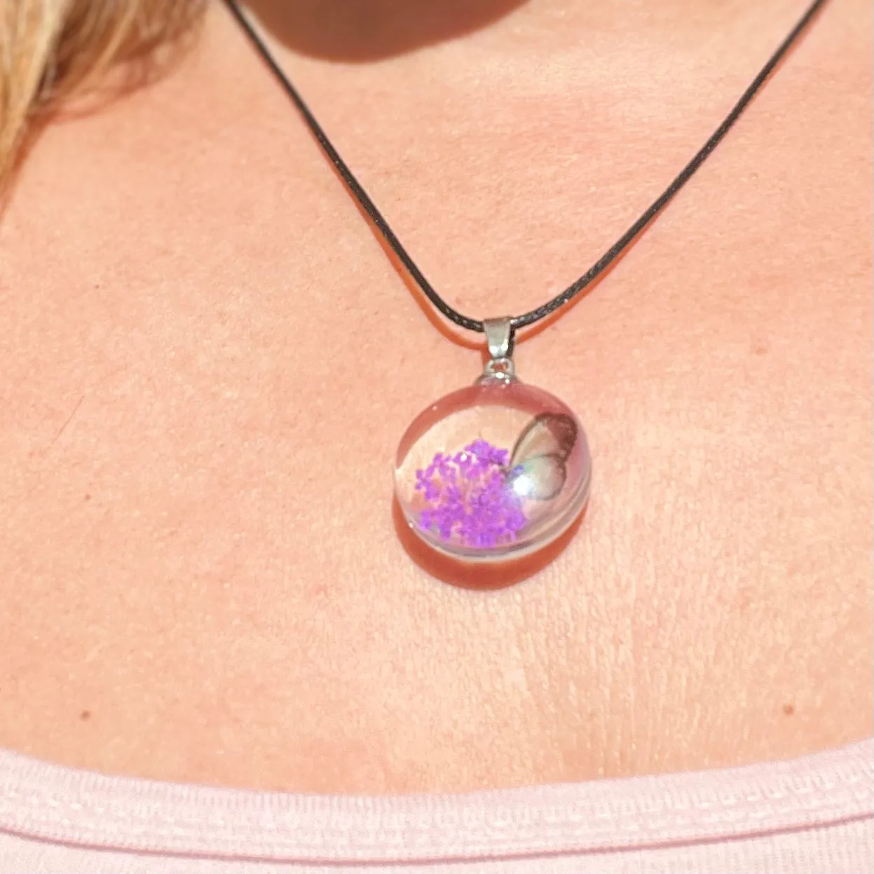 Round Glass Butterfly Pendant Necklace