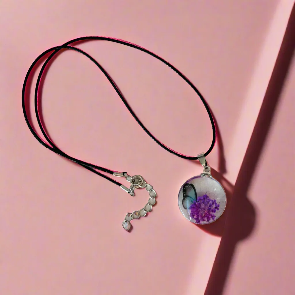 Round Glass Butterfly Pendant Necklace