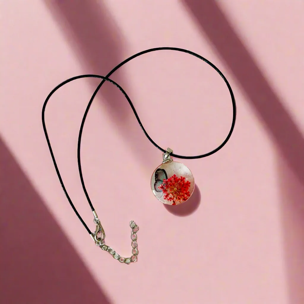 Round Glass Butterfly Pendant Necklace