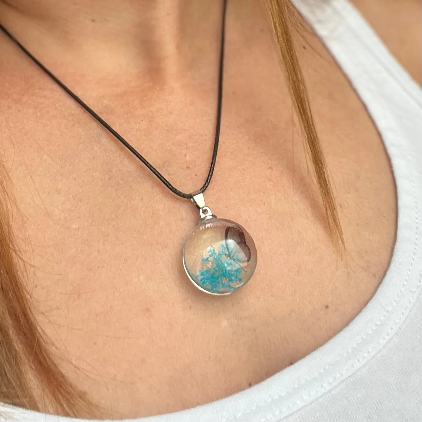 Round Glass Butterfly Pendant Necklace
