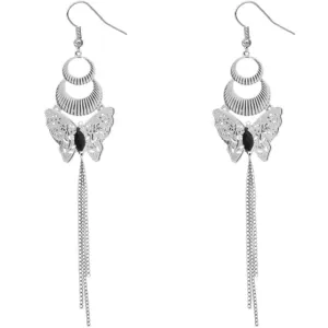Silver Long Chain Crescent Butterfly Earrings