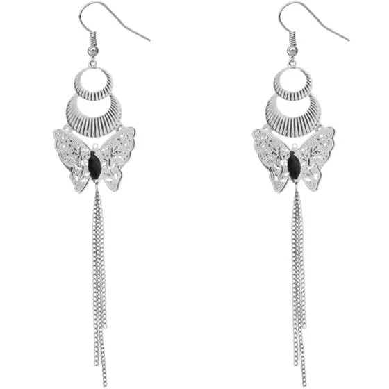 Silver Long Chain Crescent Butterfly Earrings