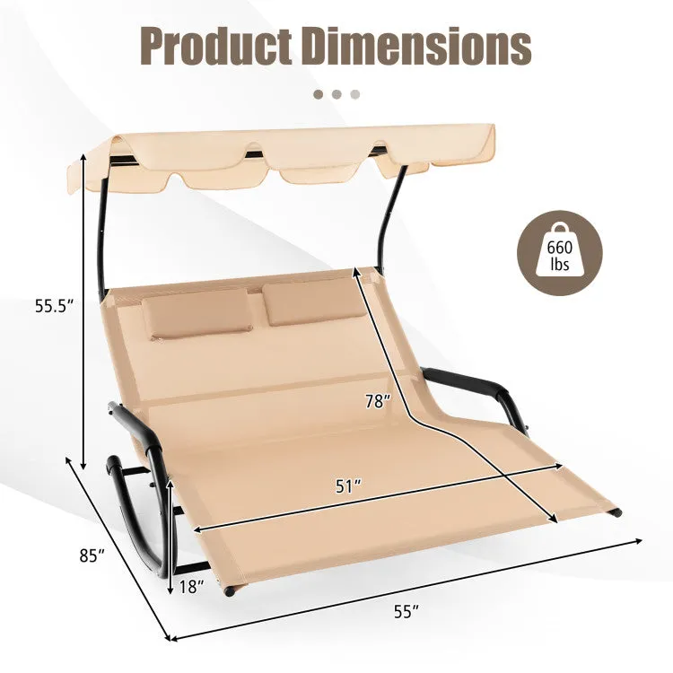 SilverCrate ™ 2 - Person Rocking Chaise Lounge w/ Canopy & Wheels (660 lbs Weight Capacity)