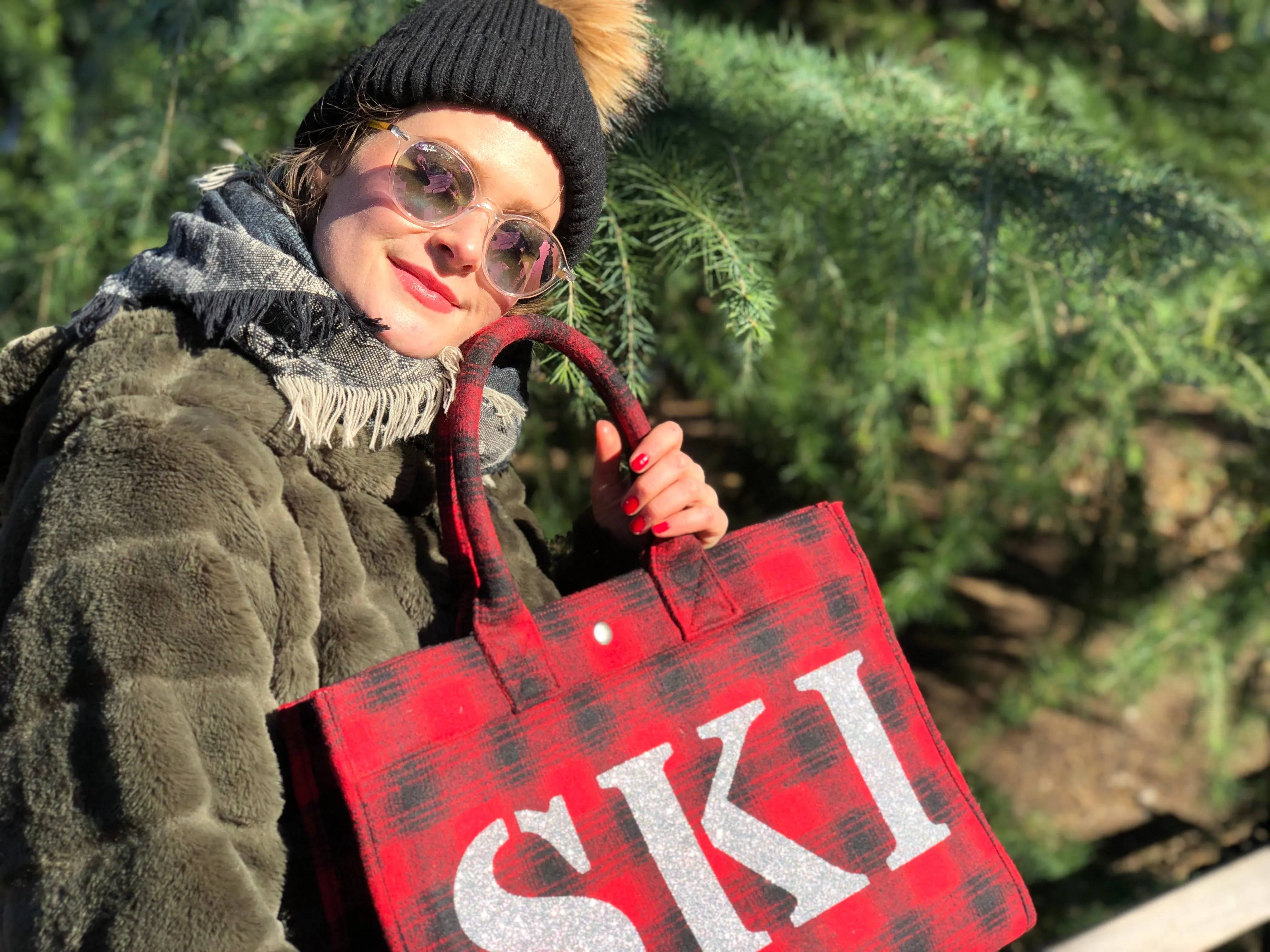 SKI Collection: East West Bag Red Flannel Plaid with Silver SKI