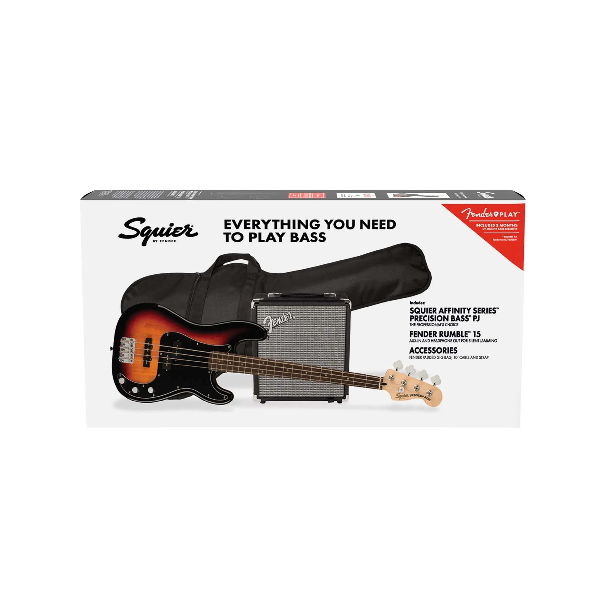 Squier Affinity Series PJ Bass Guitar Pack, Laurel FB, 3-Color Sunburst, 230V, EU
