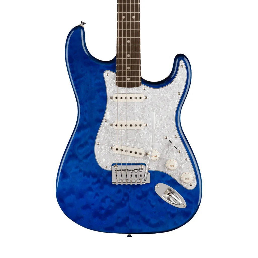 Squier FSR Affinity Series Stratocaster QMT Electric Guitar, Laurel FB, Sapphire Blue Transparent