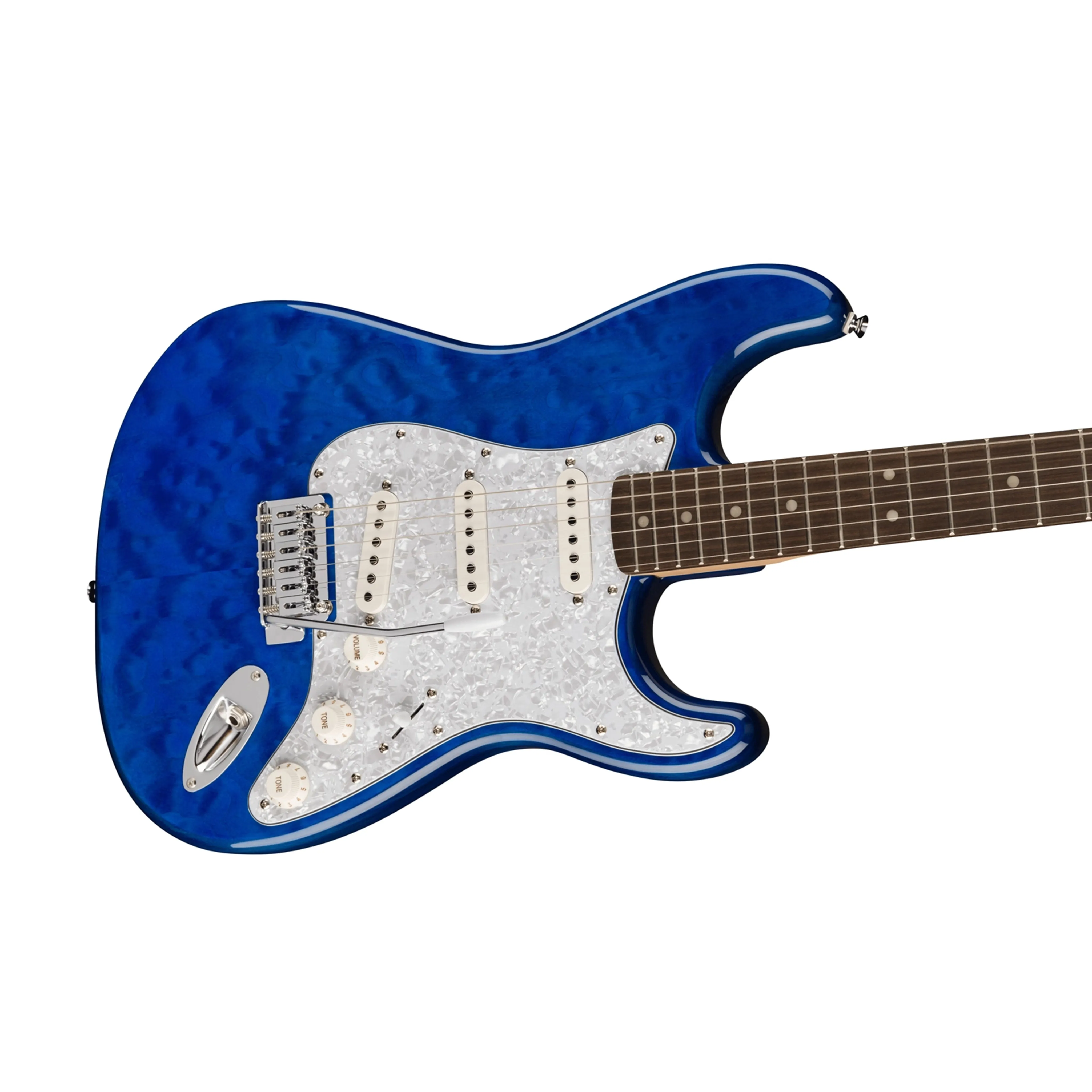 Squier FSR Affinity Series Stratocaster QMT Electric Guitar, Laurel FB, Sapphire Blue Transparent