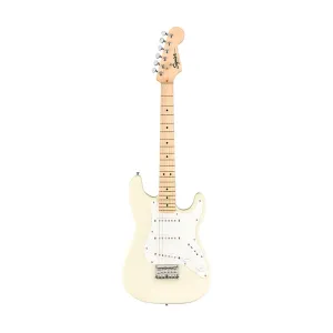Squier FSR Mini Stratocaster Electric Guitar, Maple FB, Olympic White