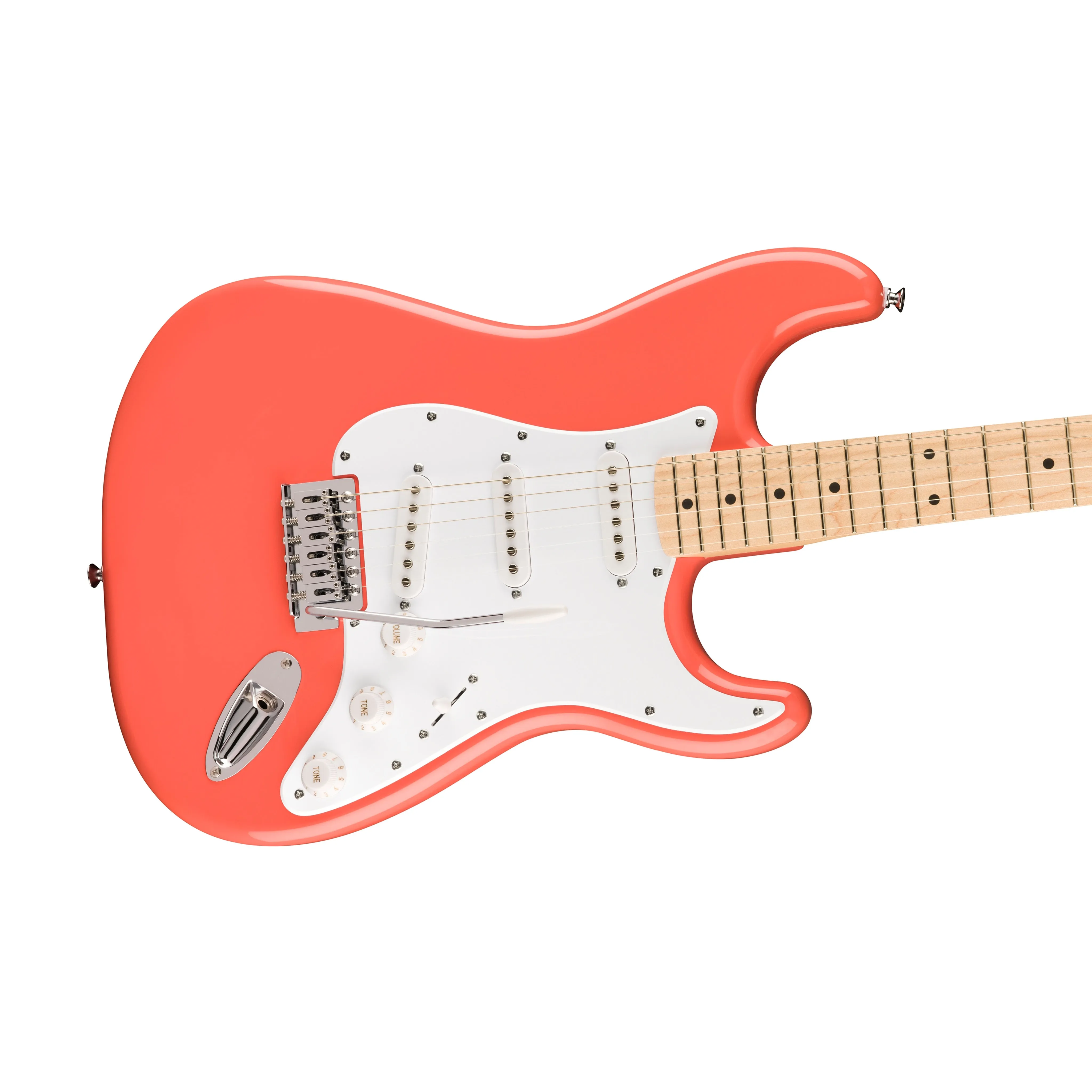 Squier FSR Sonic Stratocaster Electric Guitar w/White Pickguard, Maple FB, Tahitian Coral