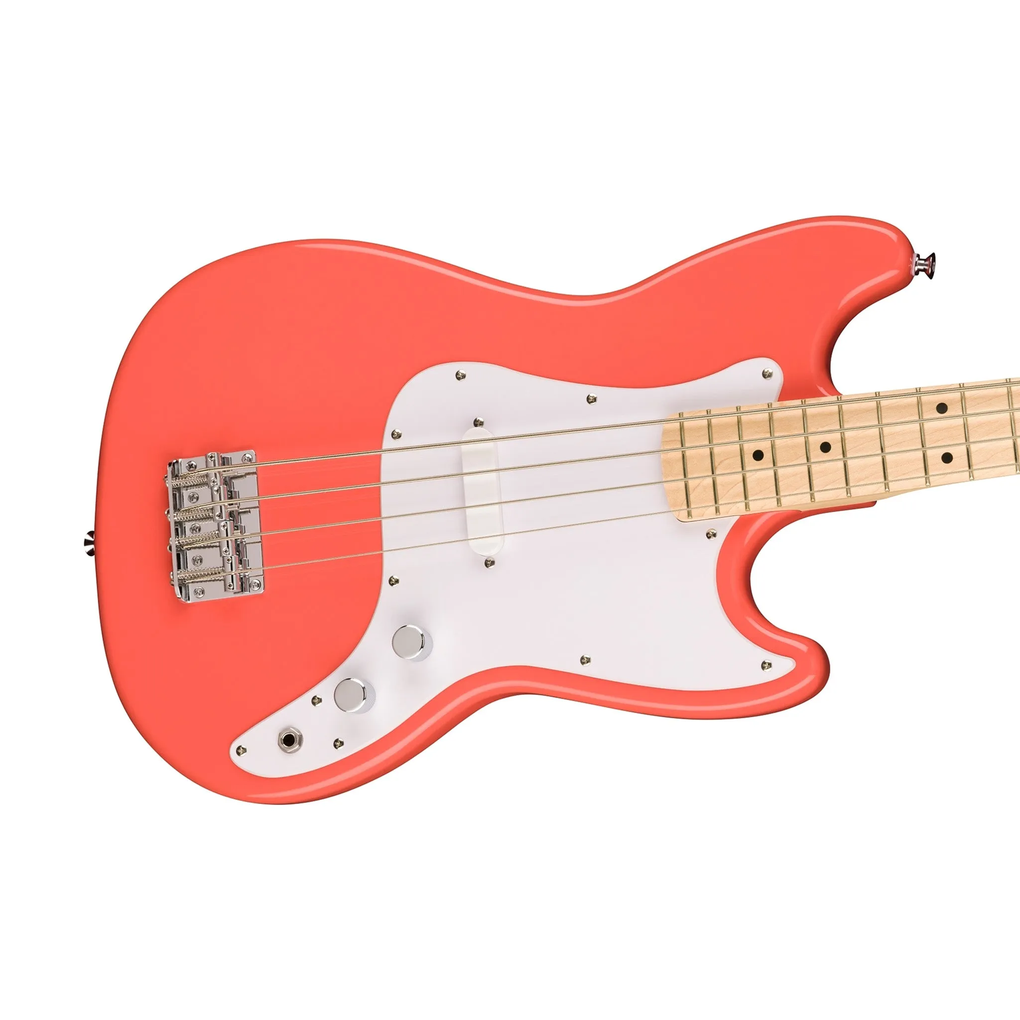 Squier Sonic Bronco Bass Guitar w/White Pickguard, Maple FB, Tahitian Coral