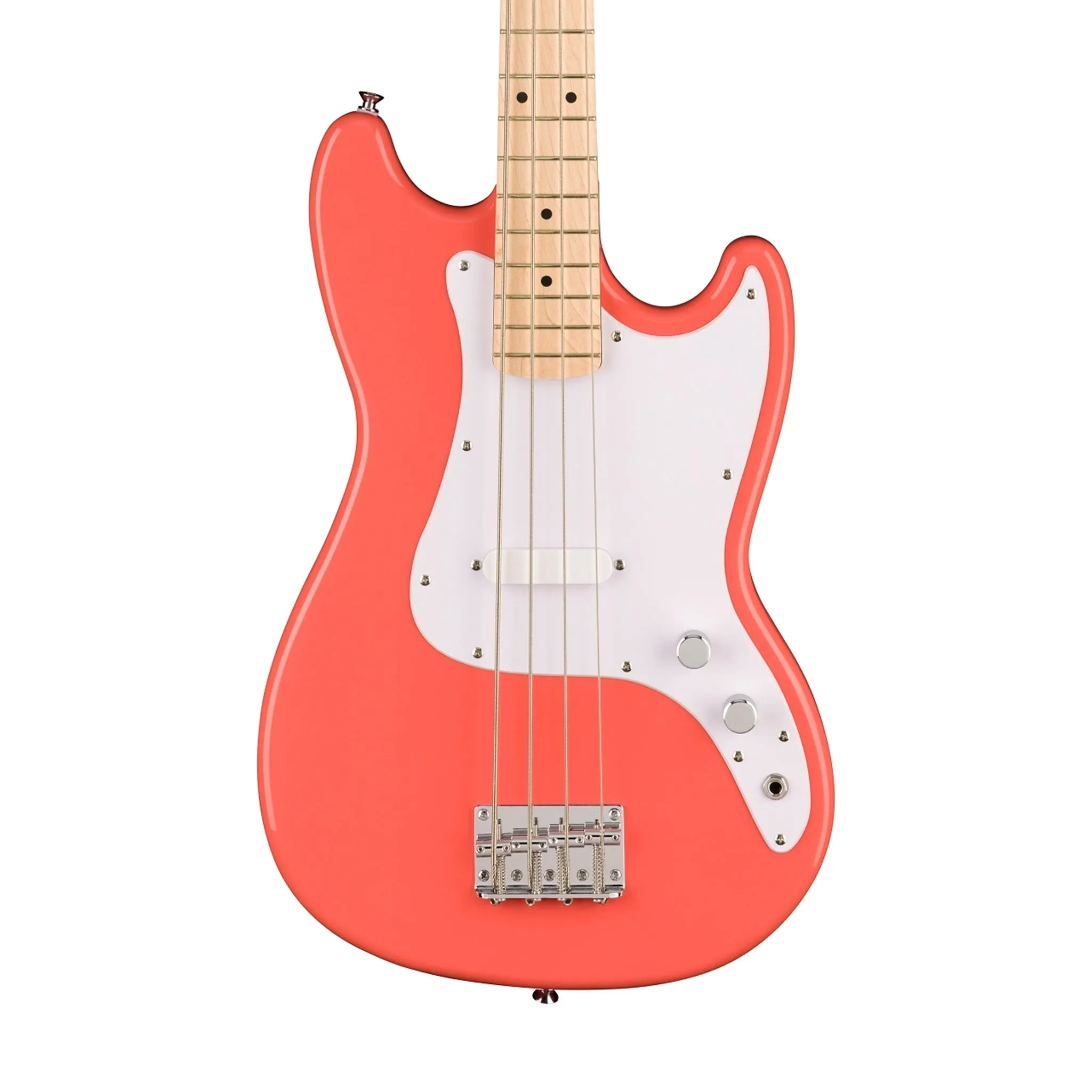 Squier Sonic Bronco Bass Guitar w/White Pickguard, Maple FB, Tahitian Coral