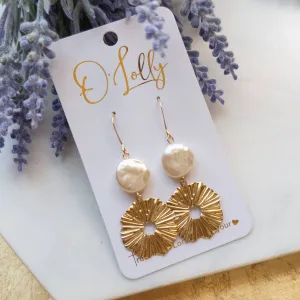 Textured Flat Pearl and Gold Dangle Earrings