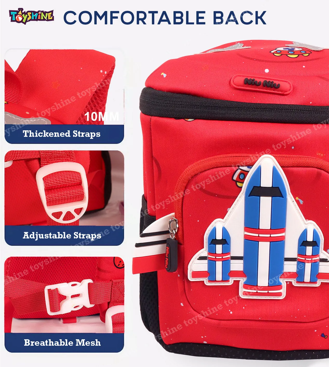 Toyshine 10" Space Shuttle Backpack for Kids Girls Boys Cute Toddler Backpack Preschool Nursery Travel Bag - Red