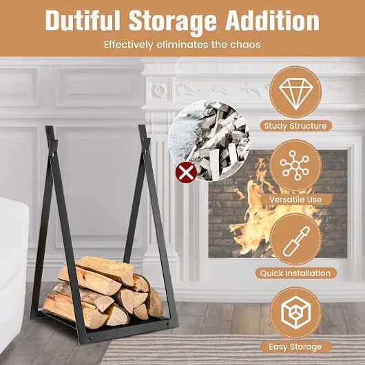 Triangle Firewood Rack with Raised Base for Fireplace Fire Pit-Black - Color: Bl
