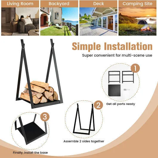 Triangle Firewood Rack with Raised Base for Fireplace Fire Pit-Black - Color: Bl