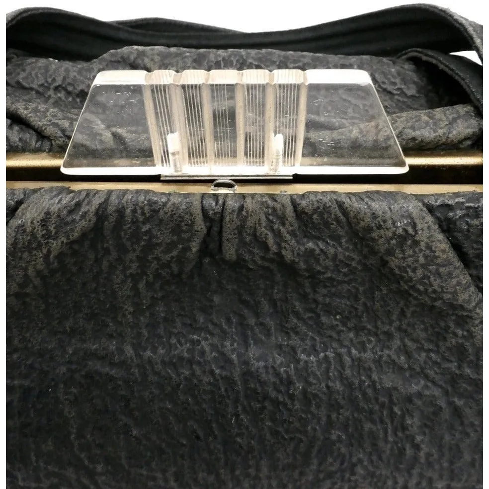 Vintage Black Exotic  Leather Purse Bag Lucite Clasp 1930s Roomy