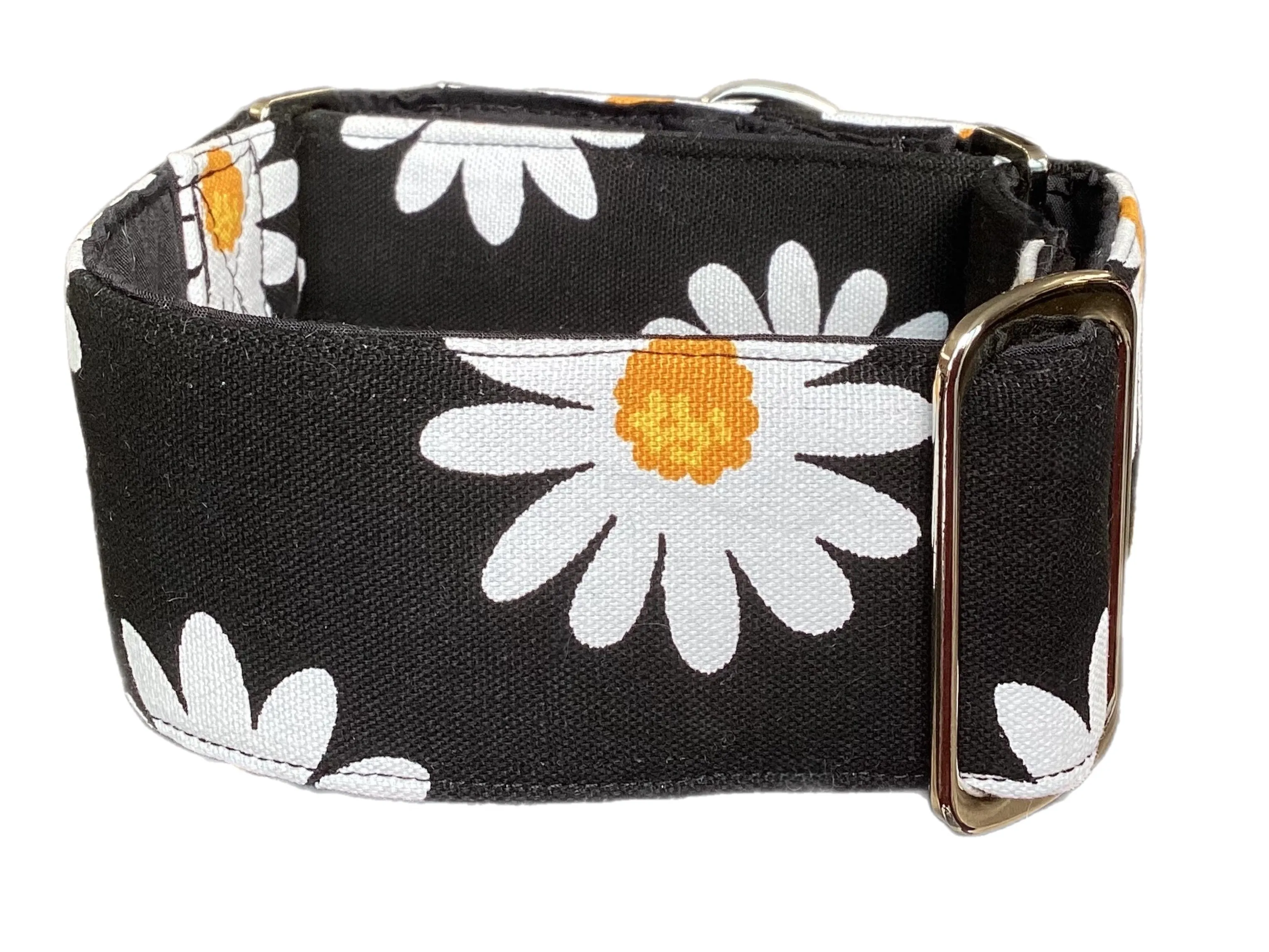 Wide Martingale collar daisies on black sturdy 50mm width