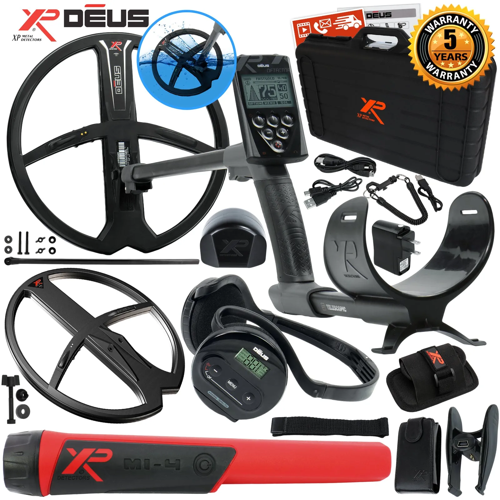 XP Deus Detector w/ MI-4 Pinpointer, WS4 Backphones, Remote Screen & X35 Coils