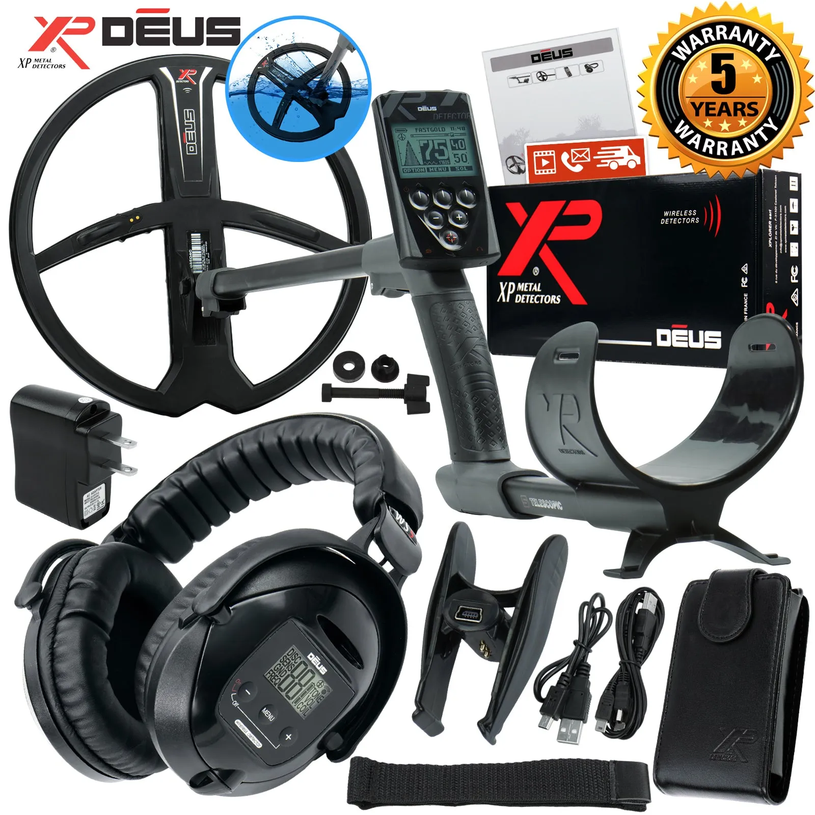 XP Deus Metal Detector w/ WS5 Wireless Headphones, Remote, 11” X35 Search Coil