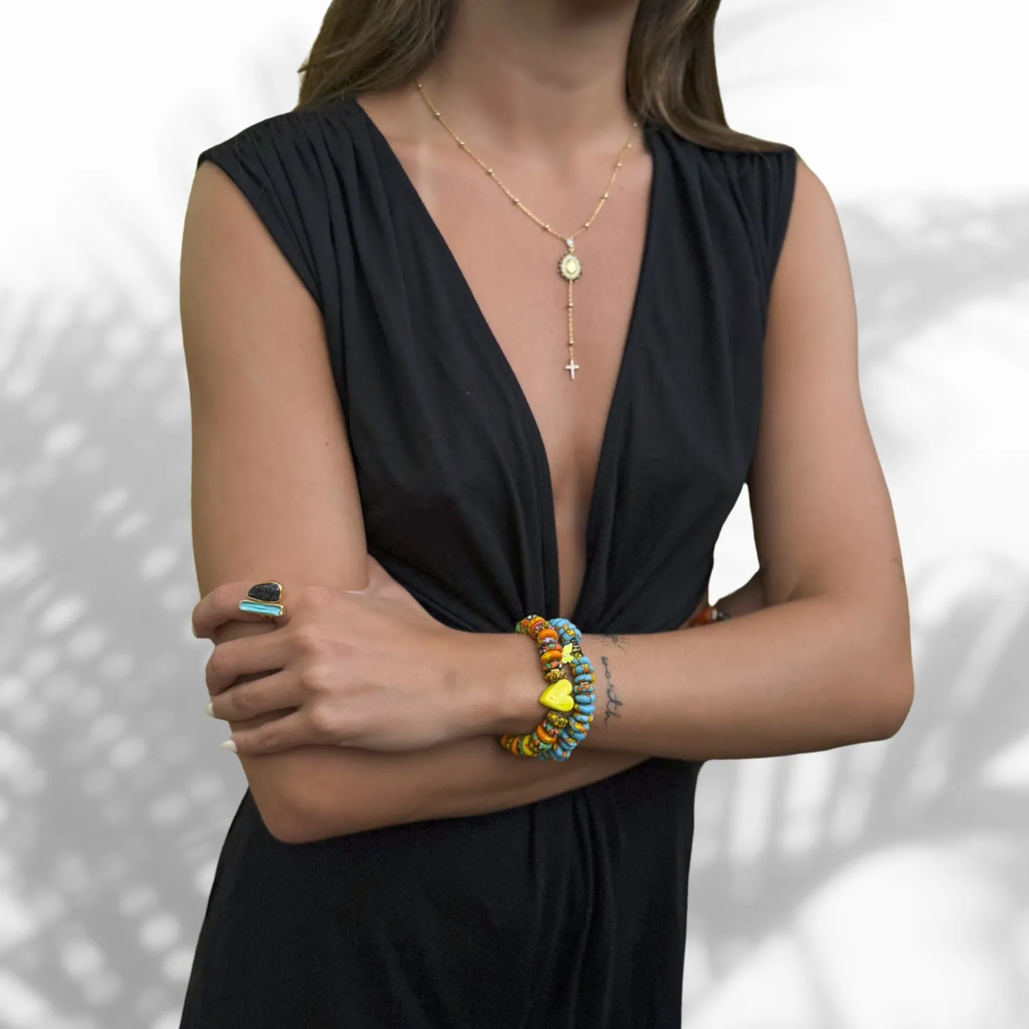 Yellow Butterfly & Protection Symbol Bead Colorful Summer Beaded Bracelet