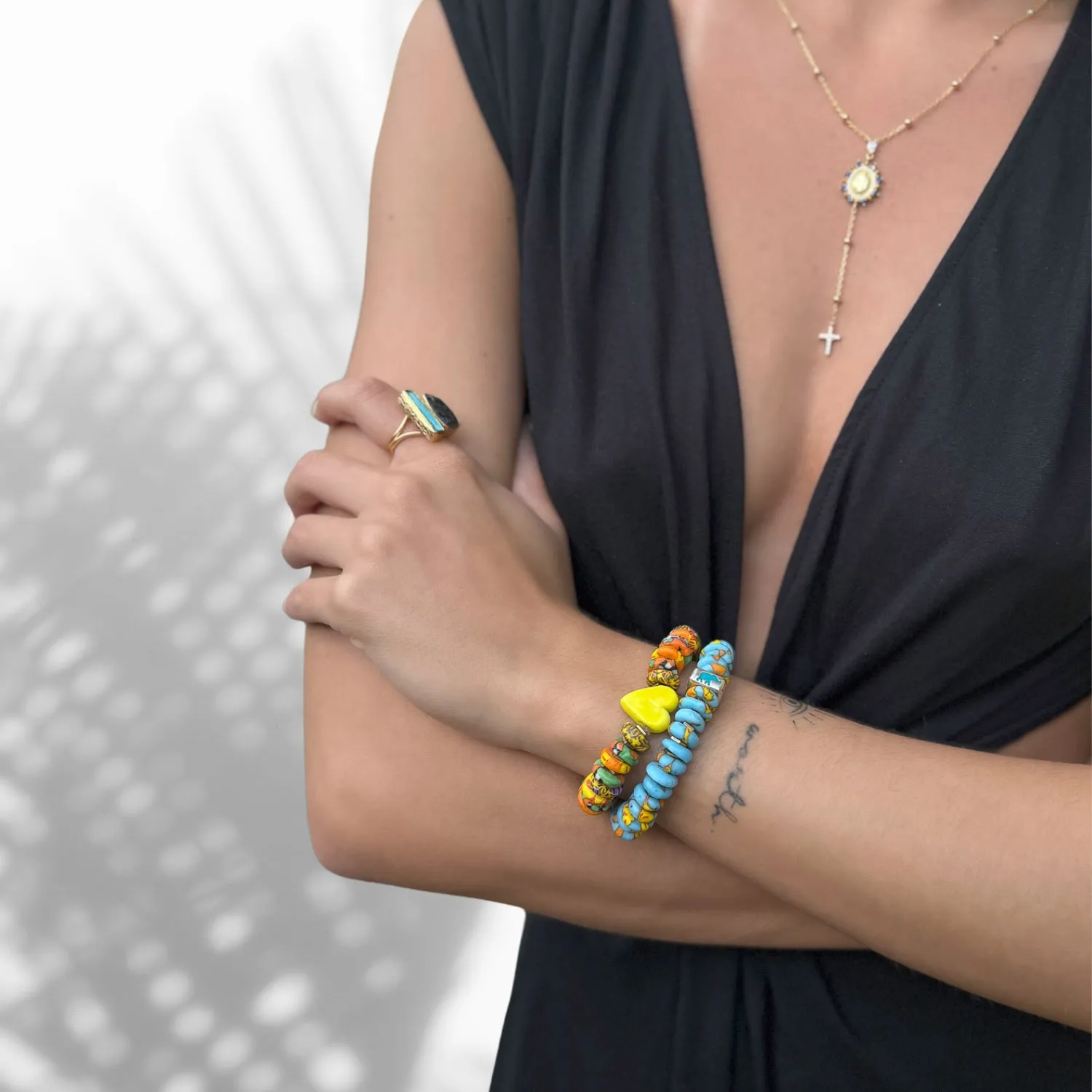 Yellow Butterfly & Protection Symbol Bead Colorful Summer Beaded Bracelet